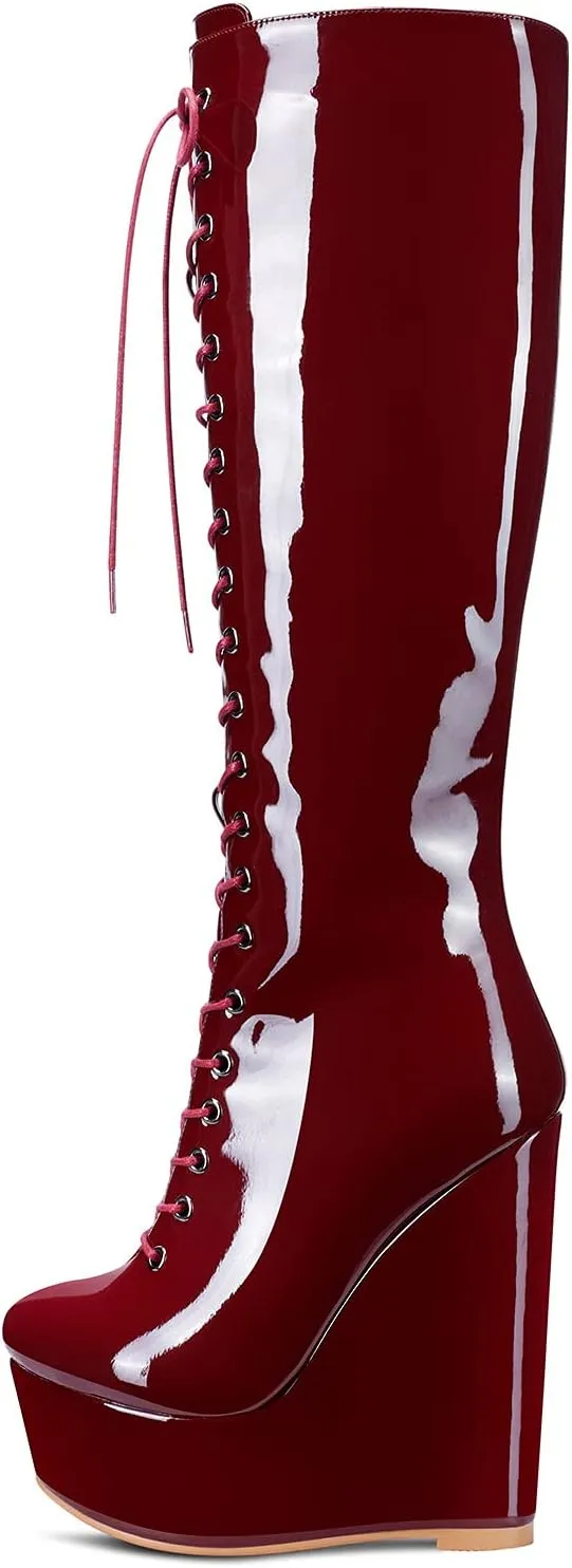 NobleOnly Women's High Heels Platform Wedge Mid Calf Boots Round Toe Lace Up Boot with Zipper Basic Office Boot 6" Heel Shoes
