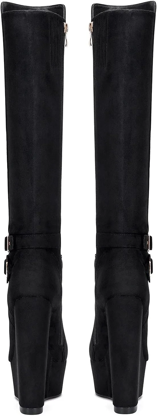 NobleOnly Women's High Heels Platform Wedge Mid Calf Boots Round Toe Lace Up Boot with Zipper Basic Office Boot 6" Heel Shoes