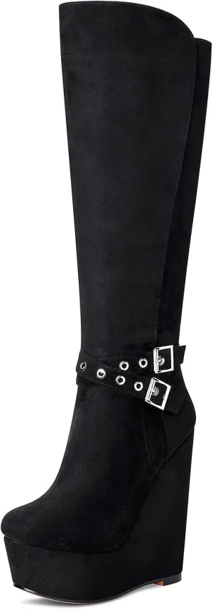 NobleOnly Women's High Heels Platform Wedge Mid Calf Boots Round Toe Lace Up Boot with Zipper Basic Office Boot 6" Heel Shoes