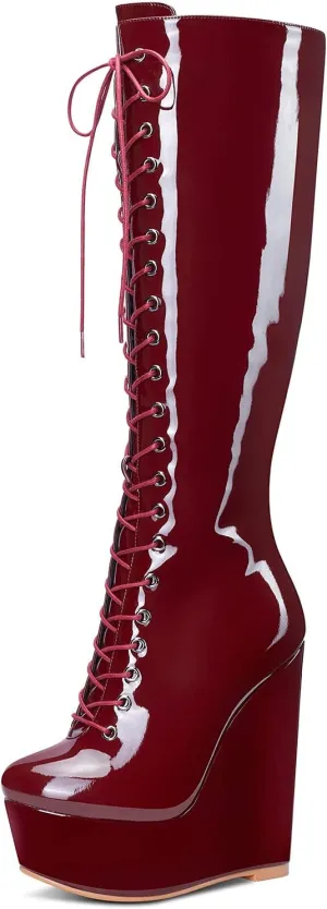 NobleOnly Women's High Heels Platform Wedge Mid Calf Boots Round Toe Lace Up Boot with Zipper Basic Office Boot 6" Heel Shoes