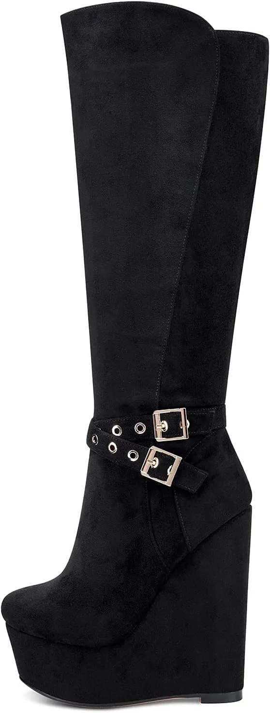 NobleOnly Women's High Heels Platform Wedge Mid Calf Boots Round Toe Lace Up Boot with Zipper Basic Office Boot 6" Heel Shoes
