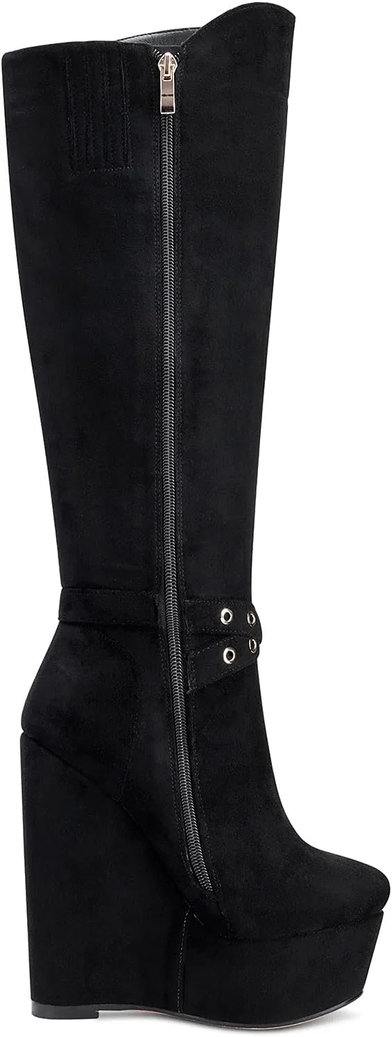 NobleOnly Women's High Heels Platform Wedge Mid Calf Boots Round Toe Lace Up Boot with Zipper Basic Office Boot 6" Heel Shoes