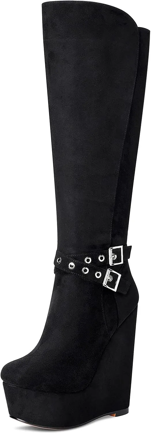 NobleOnly Women's High Heels Platform Wedge Mid Calf Boots Round Toe Lace Up Boot with Zipper Basic Office Boot 6" Heel Shoes