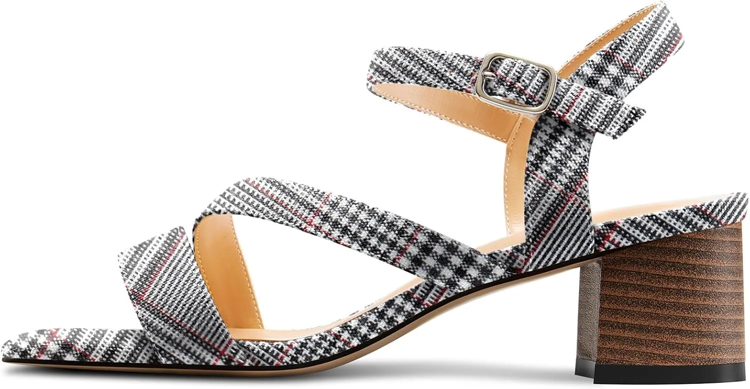 NobleOnly Womens Mid Block Heel Open Toe Ankle Strap Buckle Sandals Casual Office Dress Denim Summer Shoes 2.0 Inches Heels