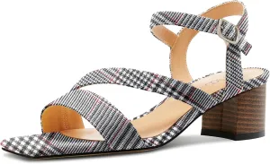 NobleOnly Womens Mid Block Heel Open Toe Ankle Strap Buckle Sandals Casual Office Dress Denim Summer Shoes 2.0 Inches Heels