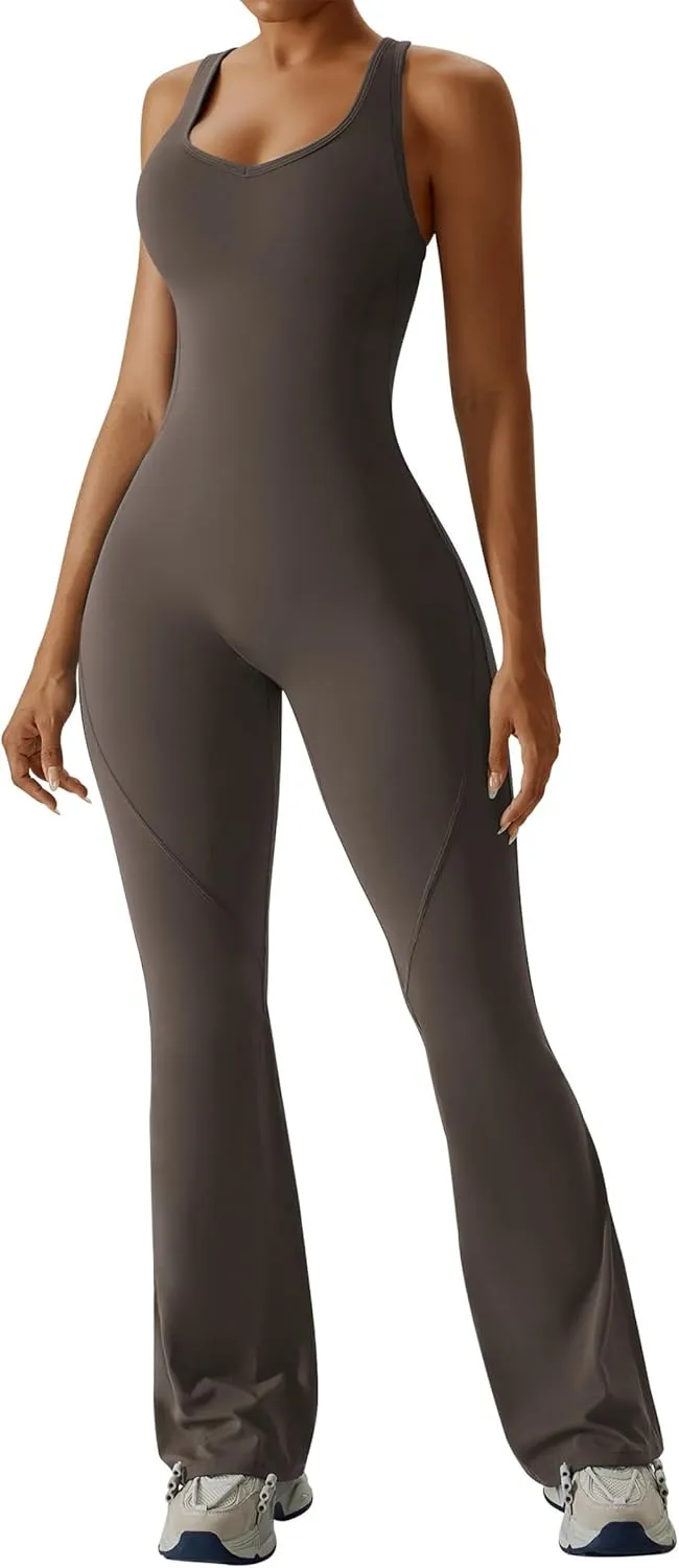 OEAK Womens Flare Jumpsuit with Bra Tummy Control Cutout Romper Workout Outfit Sleeveless Unitard One Piece Backless Bodysuit