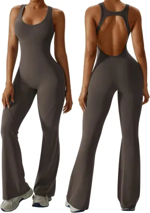 OEAK Womens Flare Jumpsuit with Bra Tummy Control Cutout Romper Workout Outfit Sleeveless Unitard One Piece Backless Bodysuit