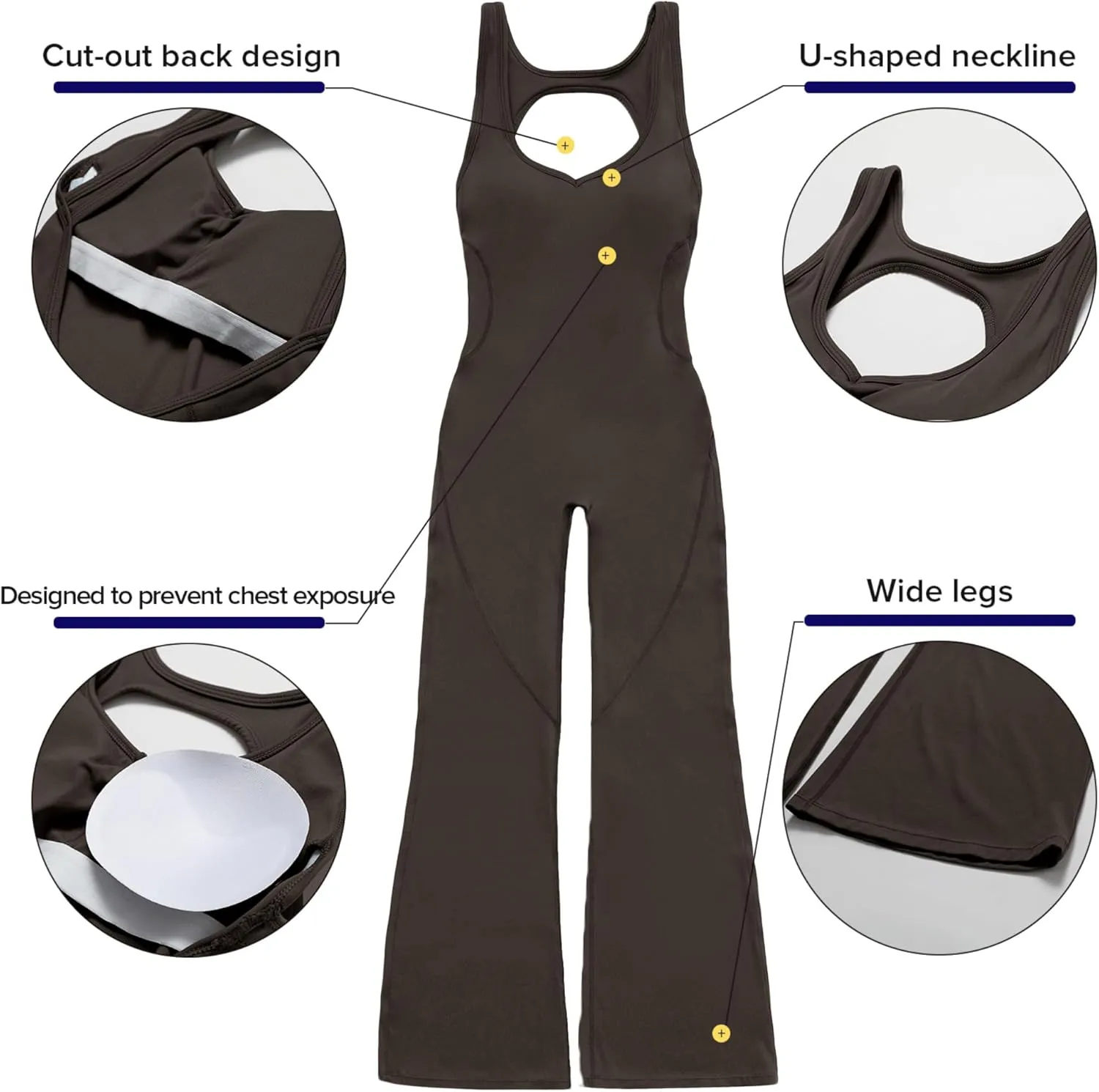 OEAK Womens Flare Jumpsuit with Bra Tummy Control Cutout Romper Workout Outfit Sleeveless Unitard One Piece Backless Bodysuit