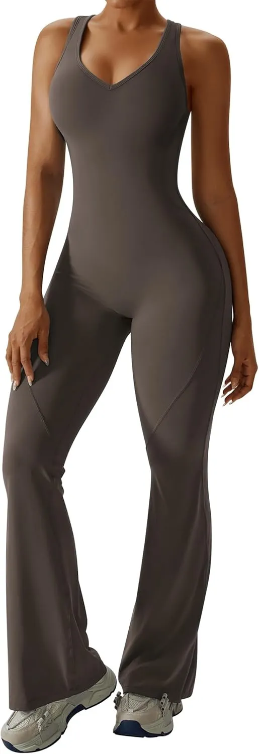 OEAK Womens Flare Jumpsuit with Bra Tummy Control Cutout Romper Workout Outfit Sleeveless Unitard One Piece Backless Bodysuit