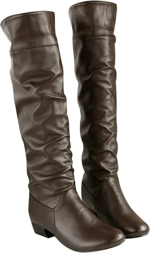 oiangi Boots for Women Knee High 2022 Fashion Casual Round Toe Pleated Block Chunky Low Heel Boots Winter Elegant Solid Comfy Outdoor Ladies Shoes