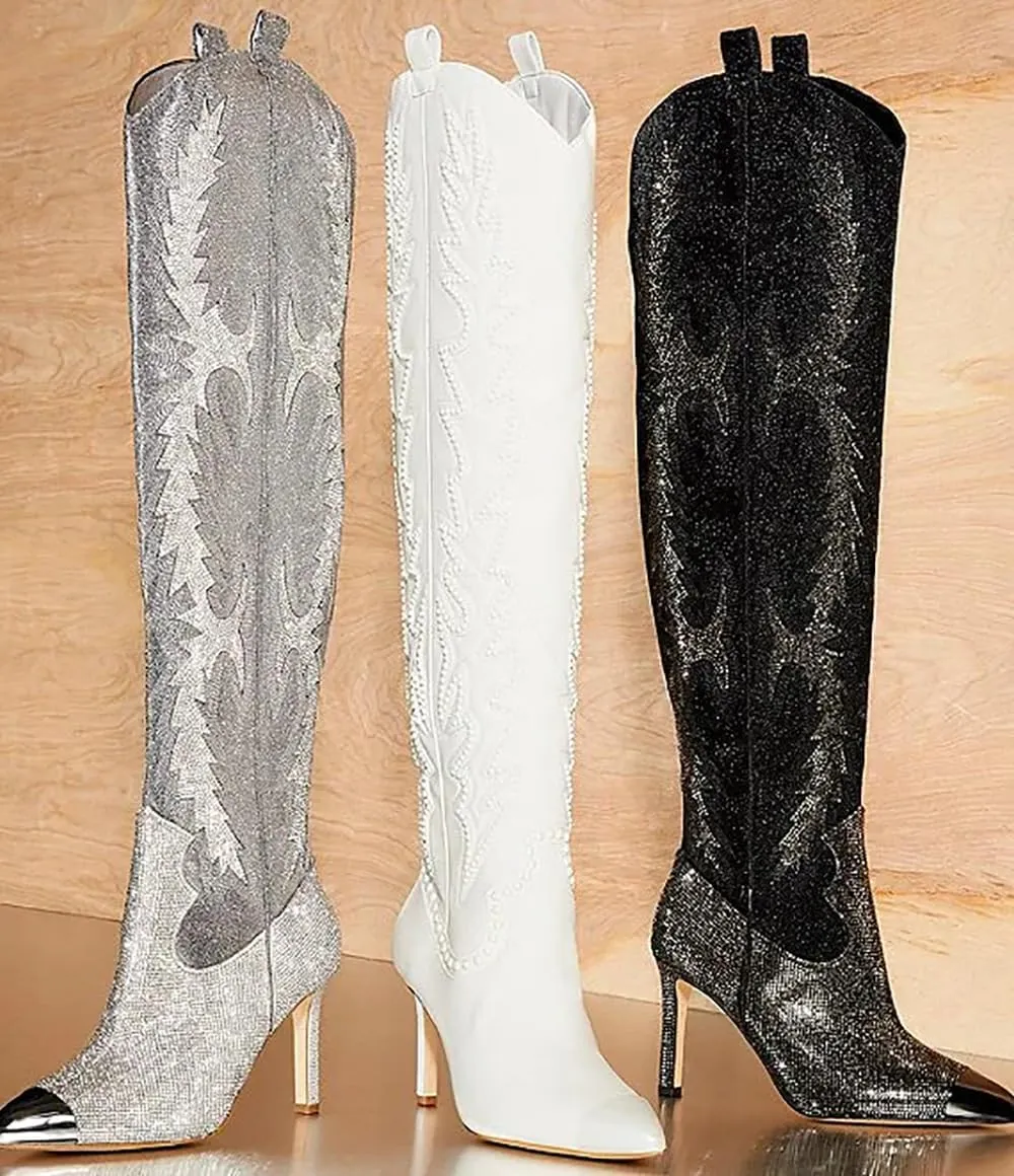 olomisa Sparkly Boots for Women, Rhinestone Over Knee Boots Embroidery Pointed Toe Pull On Stiletto Heeled Thigh High Sparkly Boots Tall Long Boots