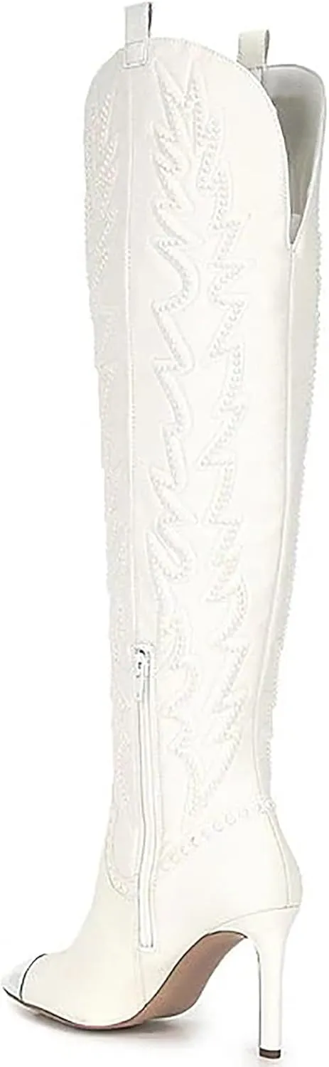 olomisa Sparkly Boots for Women, Rhinestone Over Knee Boots Embroidery Pointed Toe Pull On Stiletto Heeled Thigh High Sparkly Boots Tall Long Boots