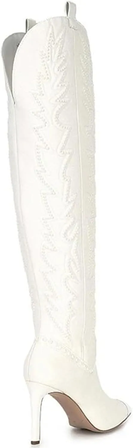 olomisa Sparkly Boots for Women, Rhinestone Over Knee Boots Embroidery Pointed Toe Pull On Stiletto Heeled Thigh High Sparkly Boots Tall Long Boots
