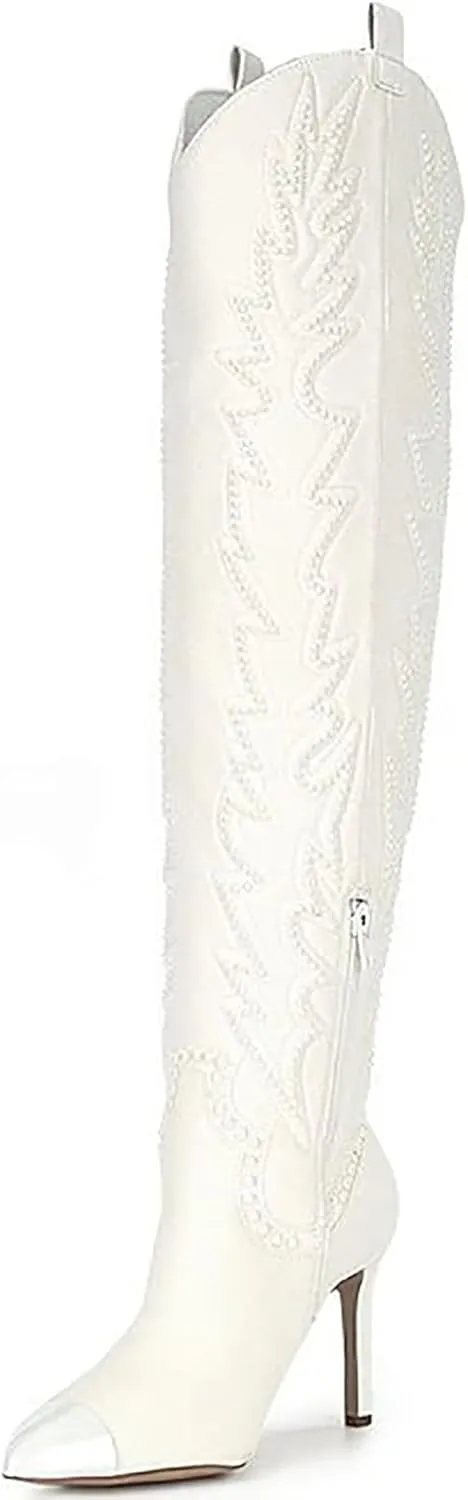 olomisa Sparkly Boots for Women, Rhinestone Over Knee Boots Embroidery Pointed Toe Pull On Stiletto Heeled Thigh High Sparkly Boots Tall Long Boots