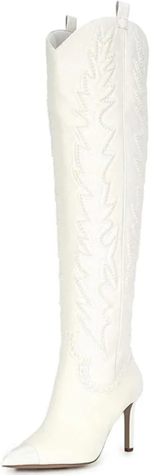olomisa Sparkly Boots for Women, Rhinestone Over Knee Boots Embroidery Pointed Toe Pull On Stiletto Heeled Thigh High Sparkly Boots Tall Long Boots