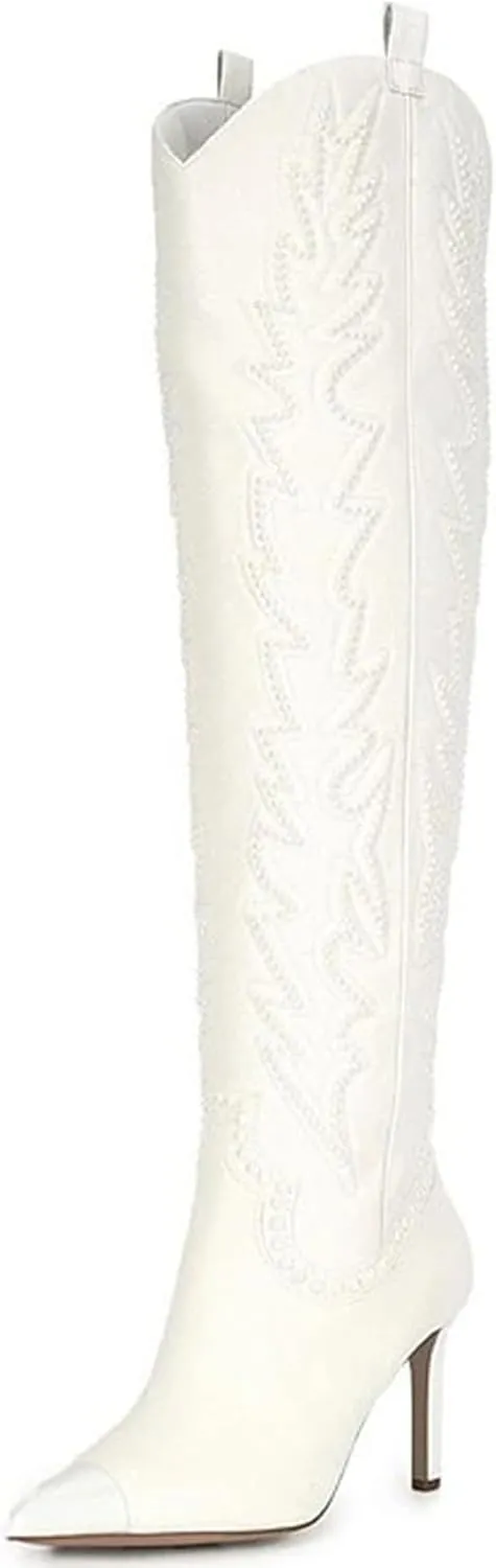olomisa Sparkly Boots for Women, Rhinestone Over Knee Boots Embroidery Pointed Toe Pull On Stiletto Heeled Thigh High Sparkly Boots Tall Long Boots