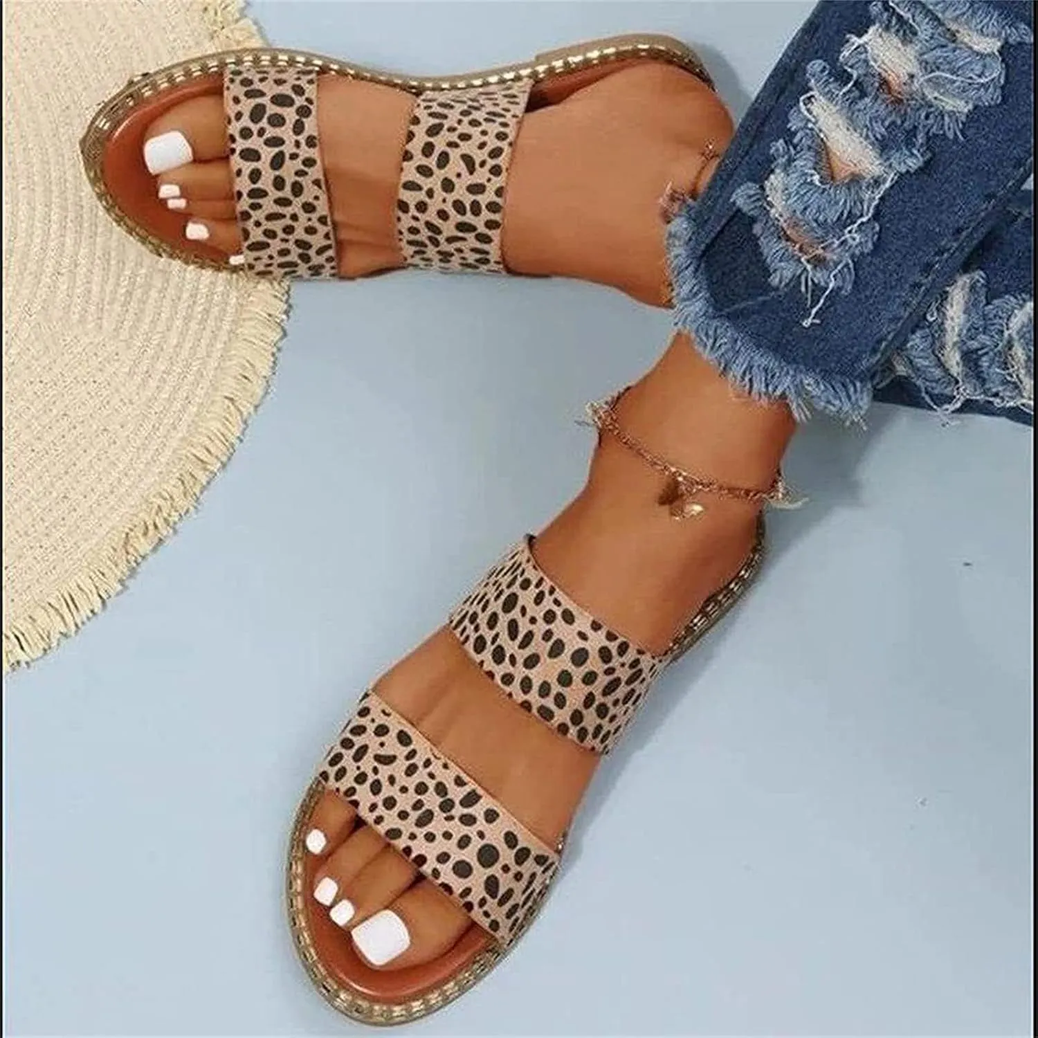 OMIREL Leopard Print Leather Wedge Soft Sole Sandal Leopard Print Sandals Mules Slip on Shoes Sandals for Women Open Toe Slippers Comfortable Beach Shoes,Leopard,US11/EU42