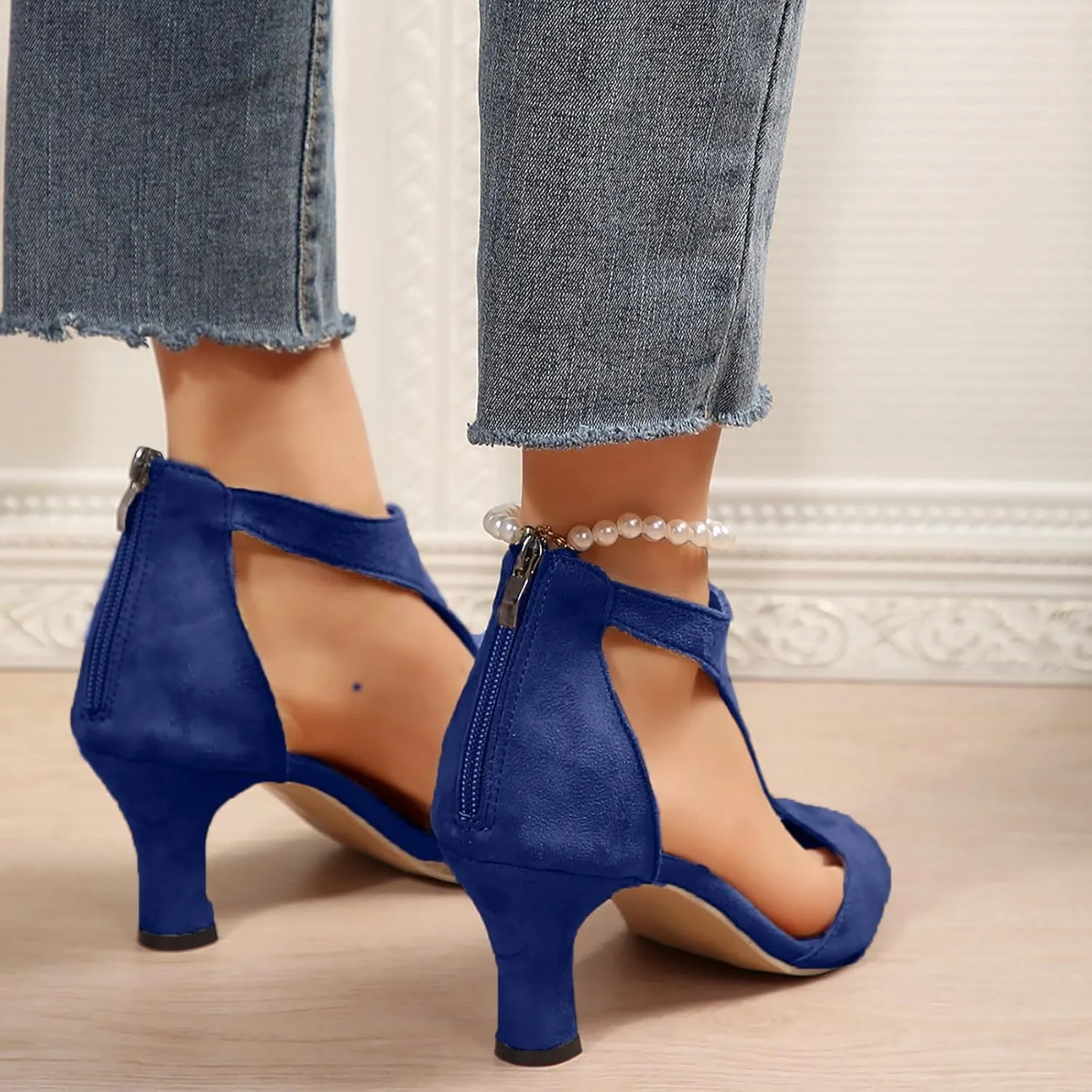 Orthopedic Heels for Women Summer High Heel Dress Shoes Open Toe Suede Sandals Cutout Roman Sandals with Back Zipper