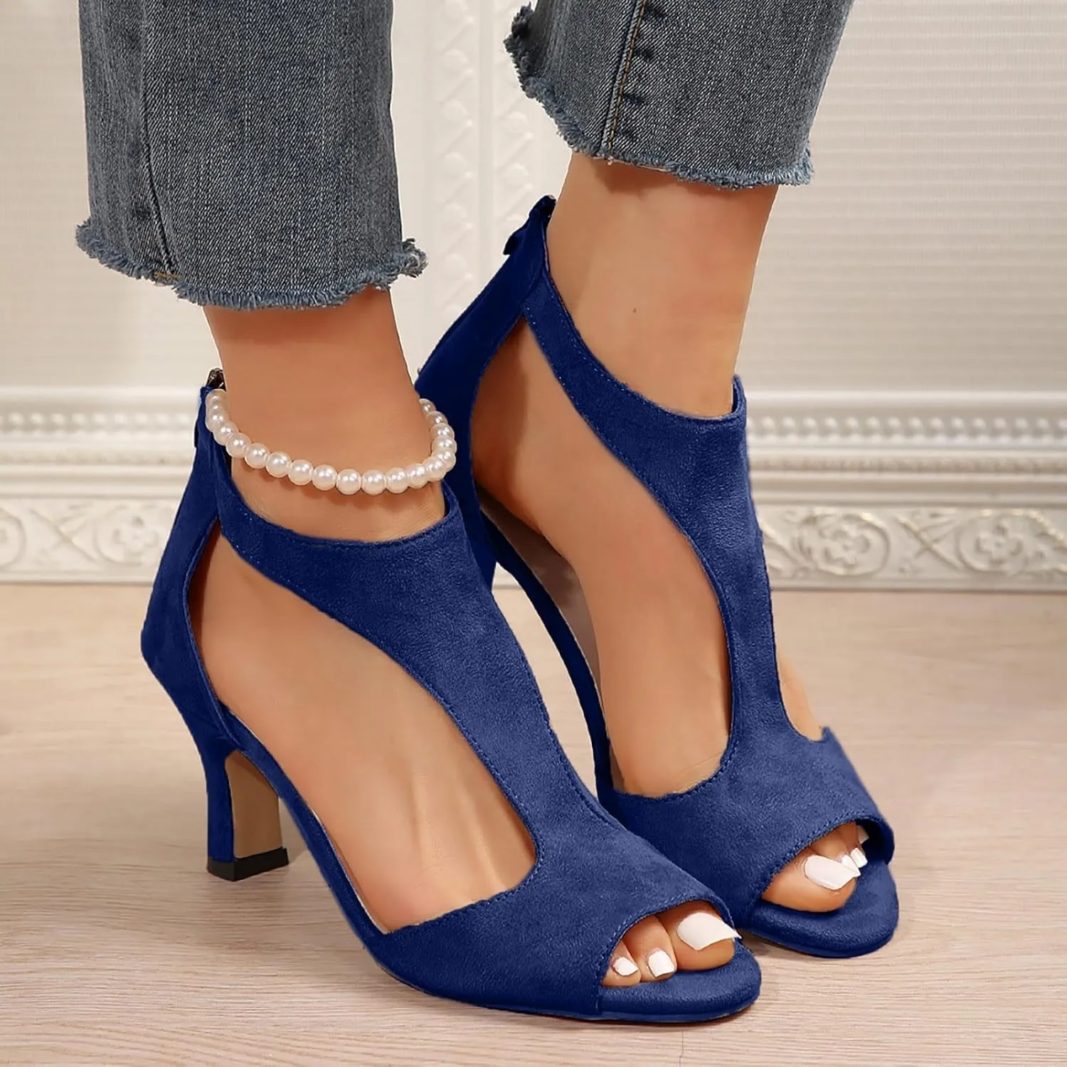 Orthopedic Heels for Women Summer High Heel Dress Shoes Open Toe Suede Sandals Cutout Roman Sandals with Back Zipper