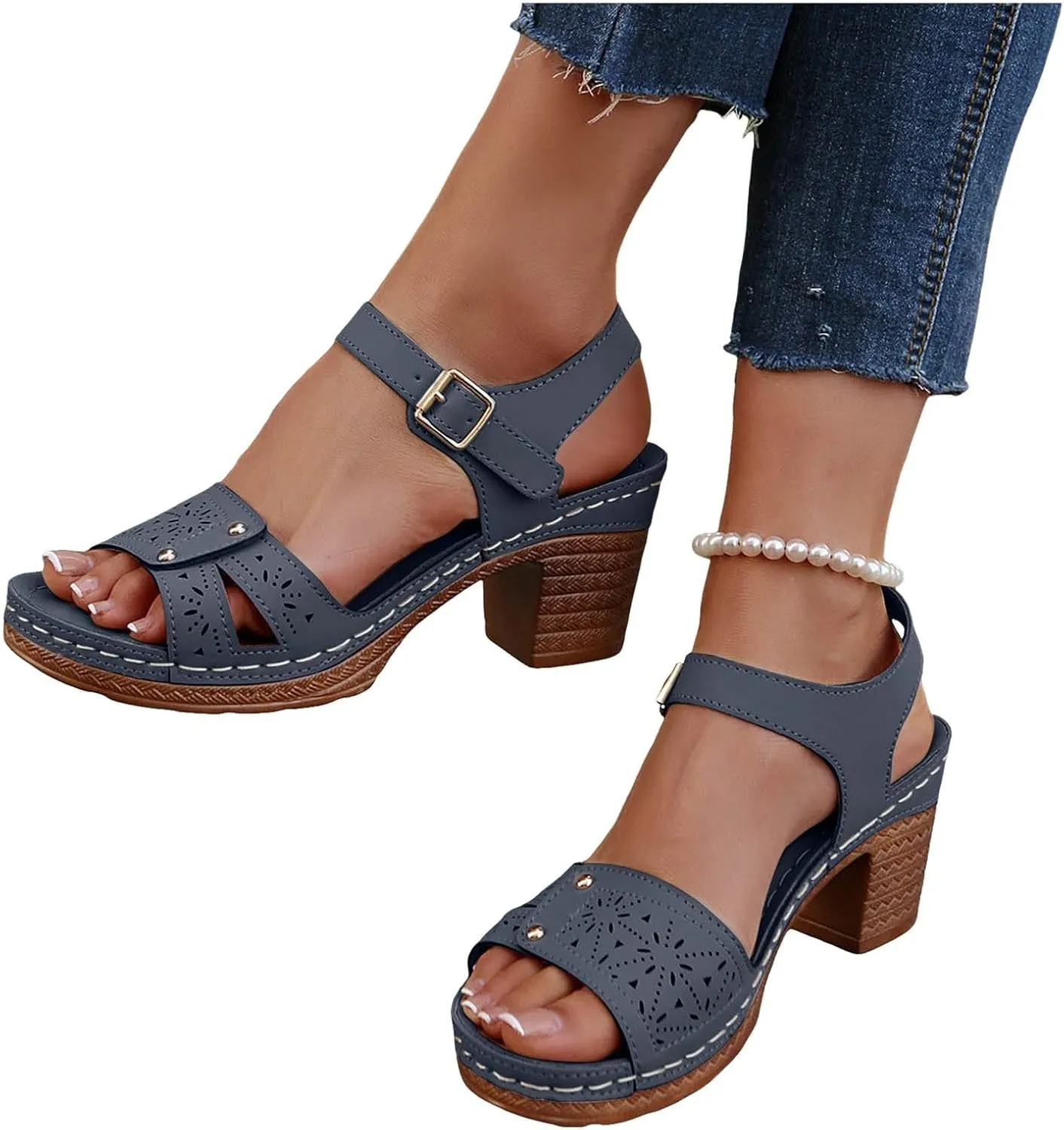 Orthopedic Wedge Sandals for Women Comfortable,Fashion Chunky Heels Sandals Women Comfy Open Toe Block Heeled Sandals Ankle Strappy Corks Heels Chunky Platform Heels for Women Summer Dress Shoes ﻿