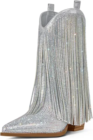 Ouepiano Cowboy Boots for Women - Cowgirl Rhinestone Boots with Sparkly Fringe Pointed Toe Western Boot Chunky Heel Pull-On Wide Calf Botas Vaqueras