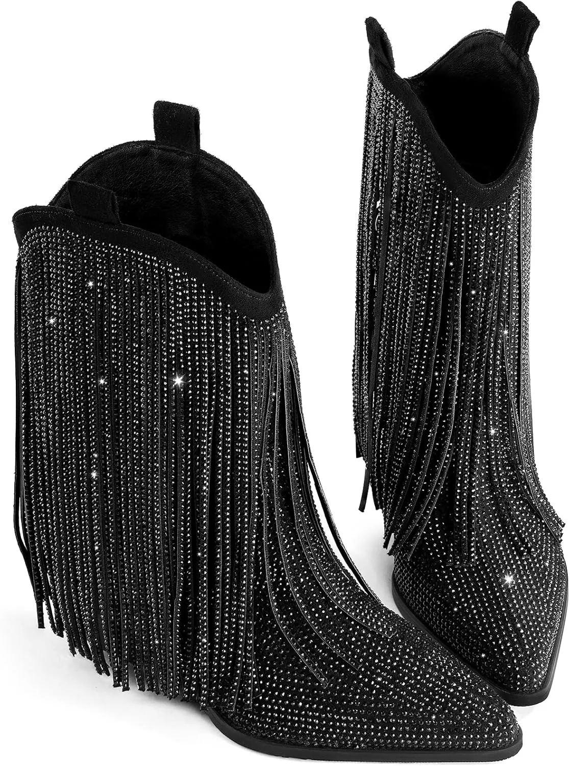 Ouepiano Cowboy Boots for Women - Cowgirl Rhinestone Boots with Sparkly Fringe Pointed Toe Western Boot Chunky Heel Pull-On Wide Calf Botas Vaqueras