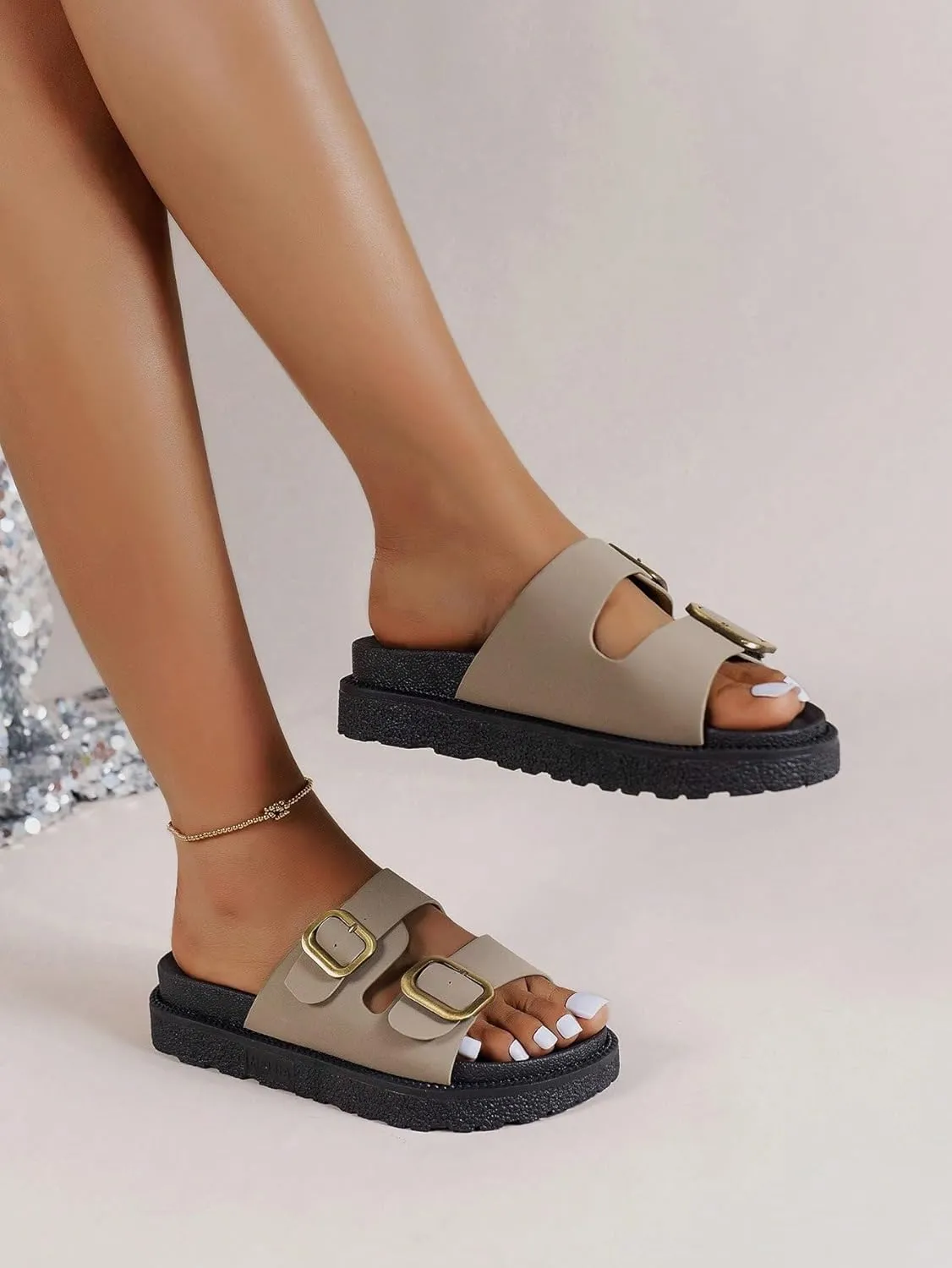 OYOANGLE Women's Adjustable Double Buckle Open Toe Footbed Sandals Comfortable Outdoor Platform Sandals