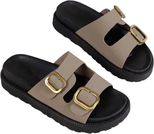 OYOANGLE Women's Adjustable Double Buckle Open Toe Footbed Sandals Comfortable Outdoor Platform Sandals