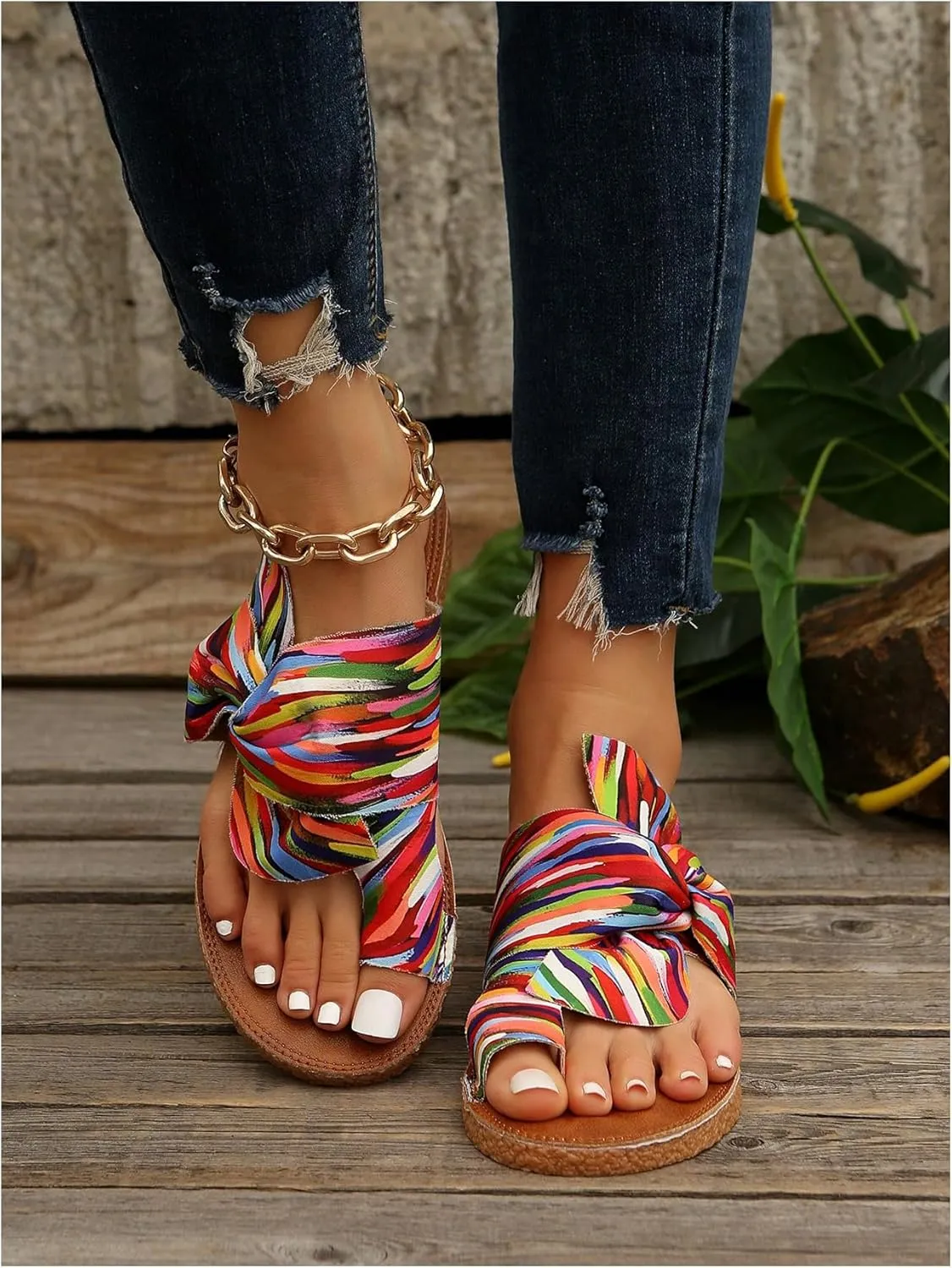 OYOANGLE Women's Colorful Bow Knot Toe Post Slide Sandals Comfortable Open Toe Sandals Summer Beach Shoes