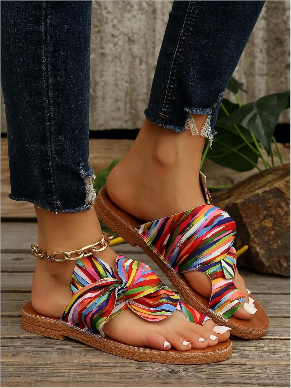 OYOANGLE Women's Colorful Bow Knot Toe Post Slide Sandals Comfortable Open Toe Sandals Summer Beach Shoes