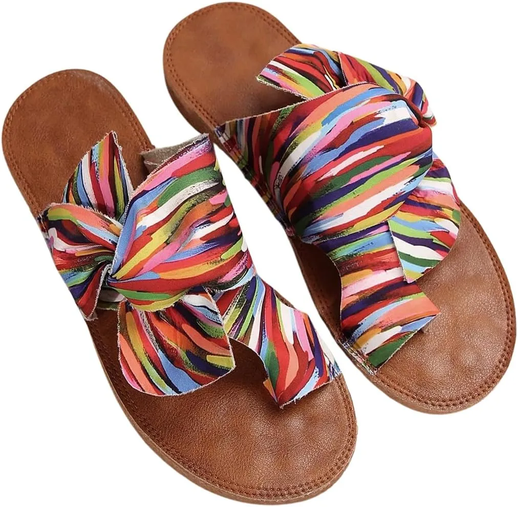 OYOANGLE Women's Colorful Bow Knot Toe Post Slide Sandals Comfortable Open Toe Sandals Summer Beach Shoes