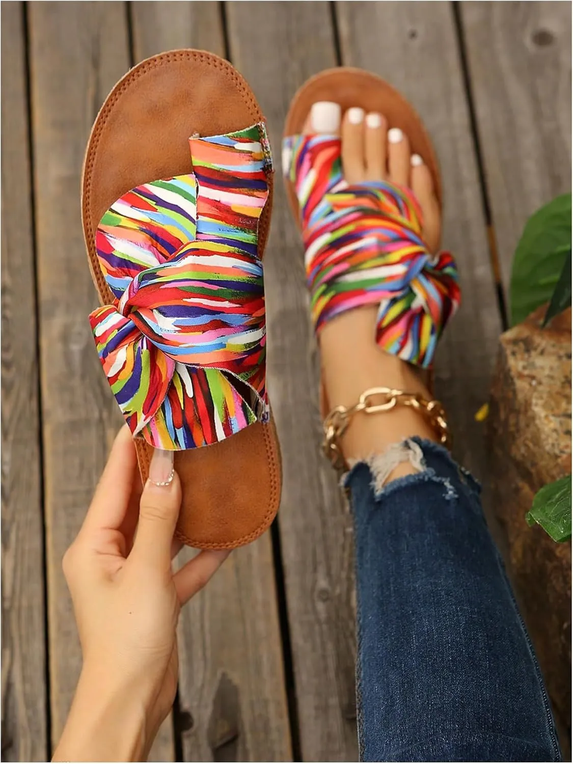 OYOANGLE Women's Colorful Bow Knot Toe Post Slide Sandals Comfortable Open Toe Sandals Summer Beach Shoes