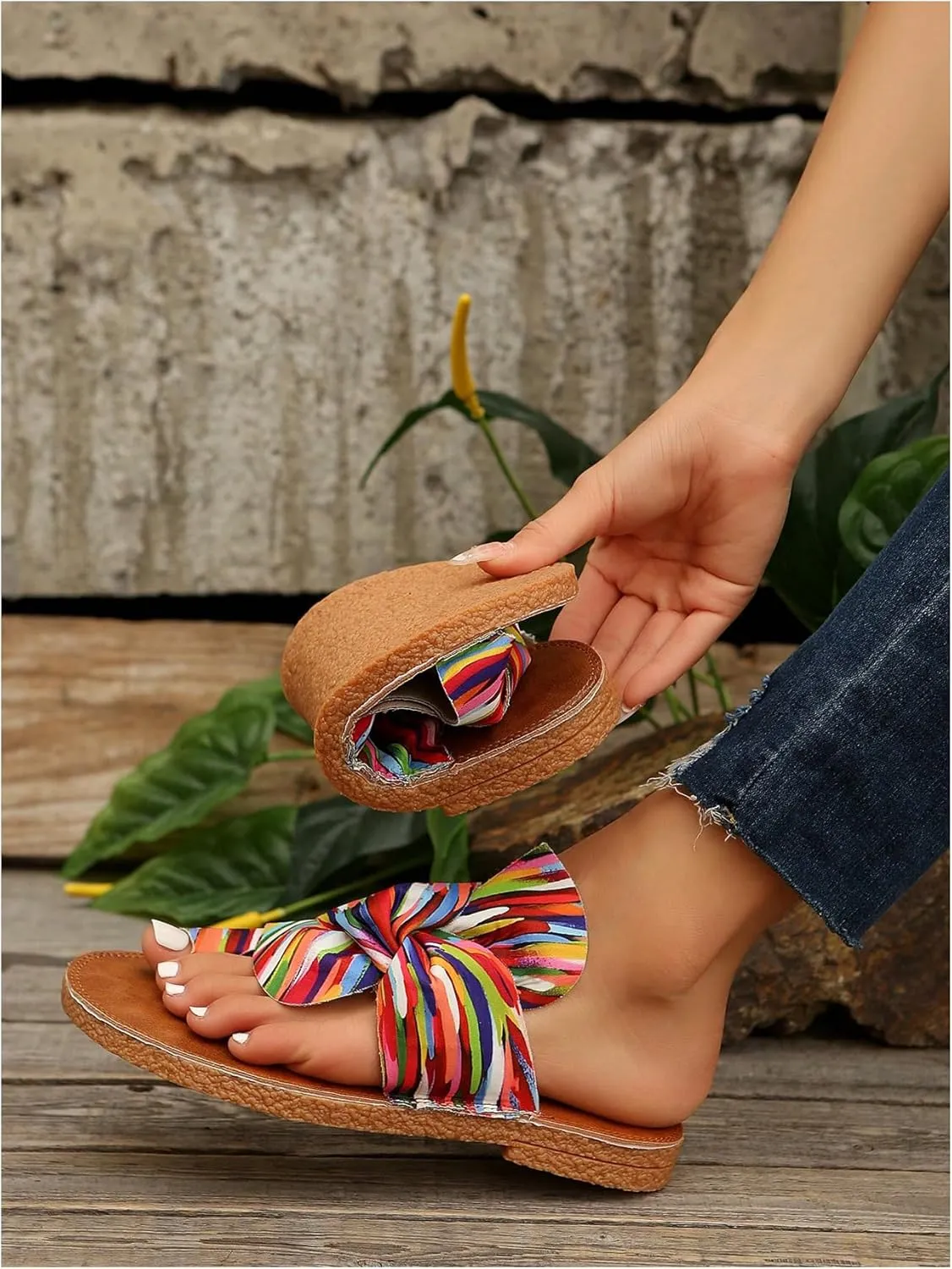 OYOANGLE Women's Colorful Bow Knot Toe Post Slide Sandals Comfortable Open Toe Sandals Summer Beach Shoes
