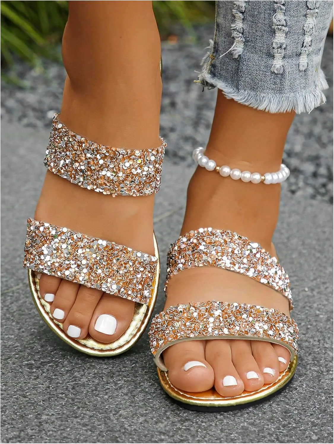 OYOANGLE Women's Metallic Sequin Sandals Double Straps Open Toe Slide On Flats Sparkly Outdoor Sandals