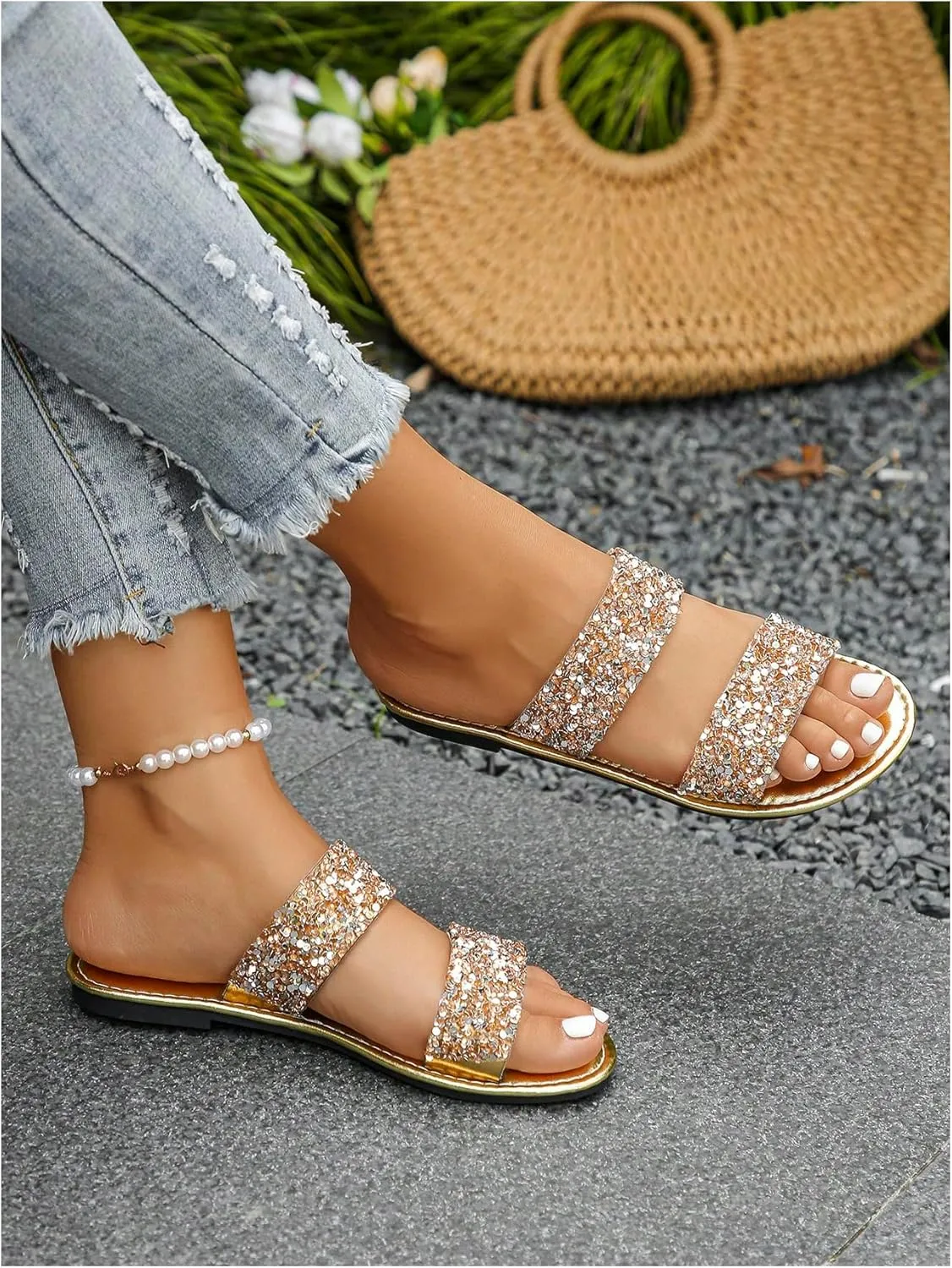 OYOANGLE Women's Metallic Sequin Sandals Double Straps Open Toe Slide On Flats Sparkly Outdoor Sandals