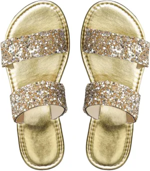 OYOANGLE Women's Metallic Sequin Sandals Double Straps Open Toe Slide On Flats Sparkly Outdoor Sandals