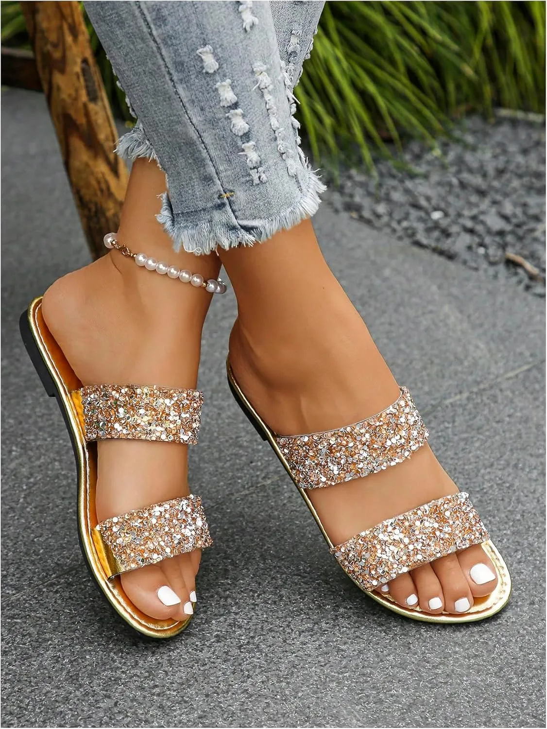 OYOANGLE Women's Metallic Sequin Sandals Double Straps Open Toe Slide On Flats Sparkly Outdoor Sandals