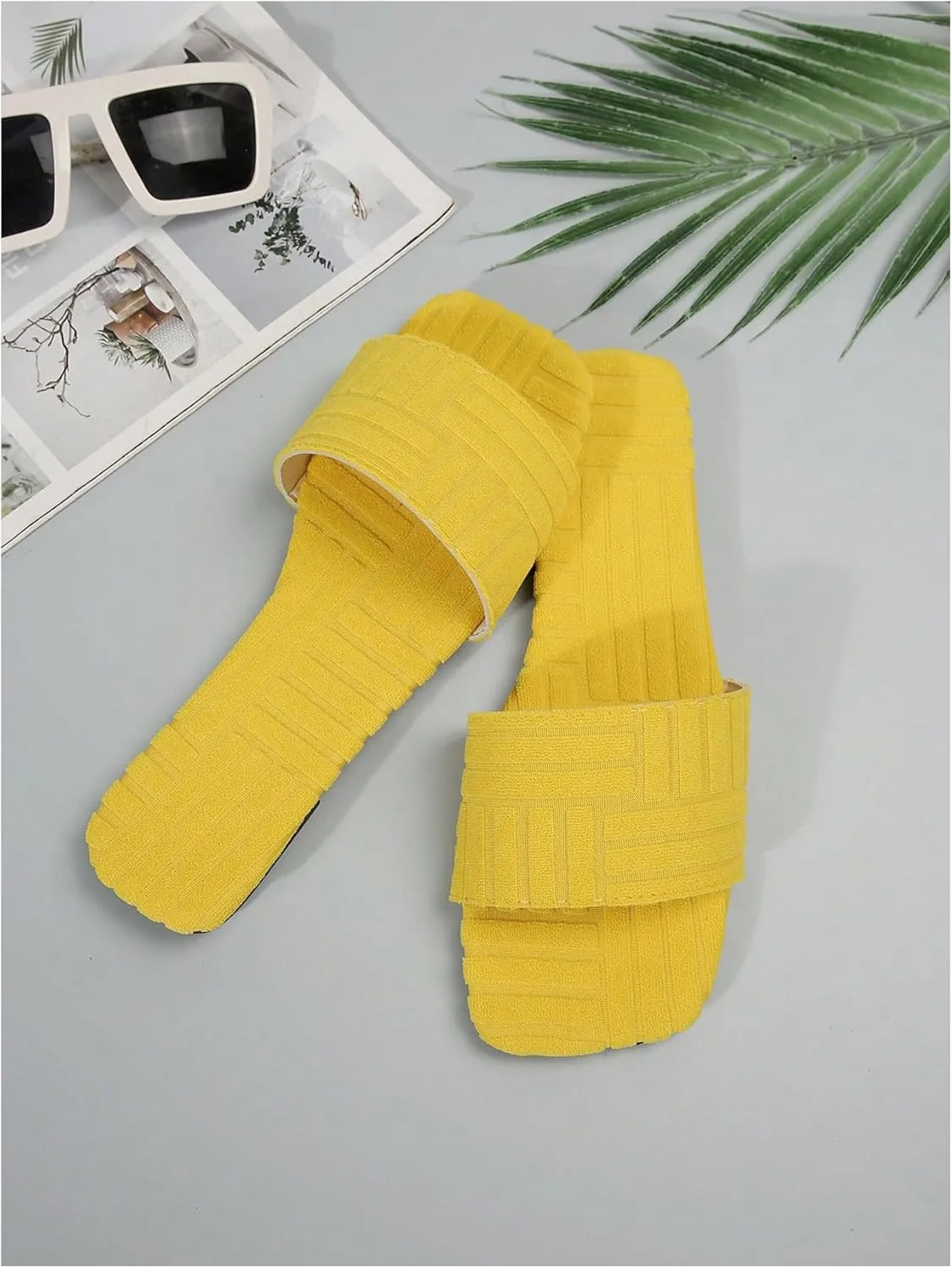 OYOANGLE Women's Textured Square Open Toe Slide Sandal Dressy Slip on Flat Sandals