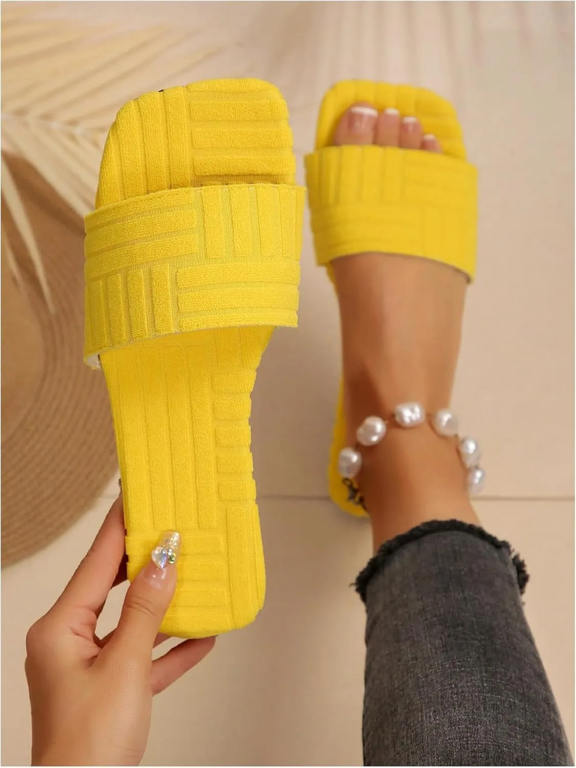 OYOANGLE Women's Textured Square Open Toe Slide Sandal Dressy Slip on Flat Sandals
