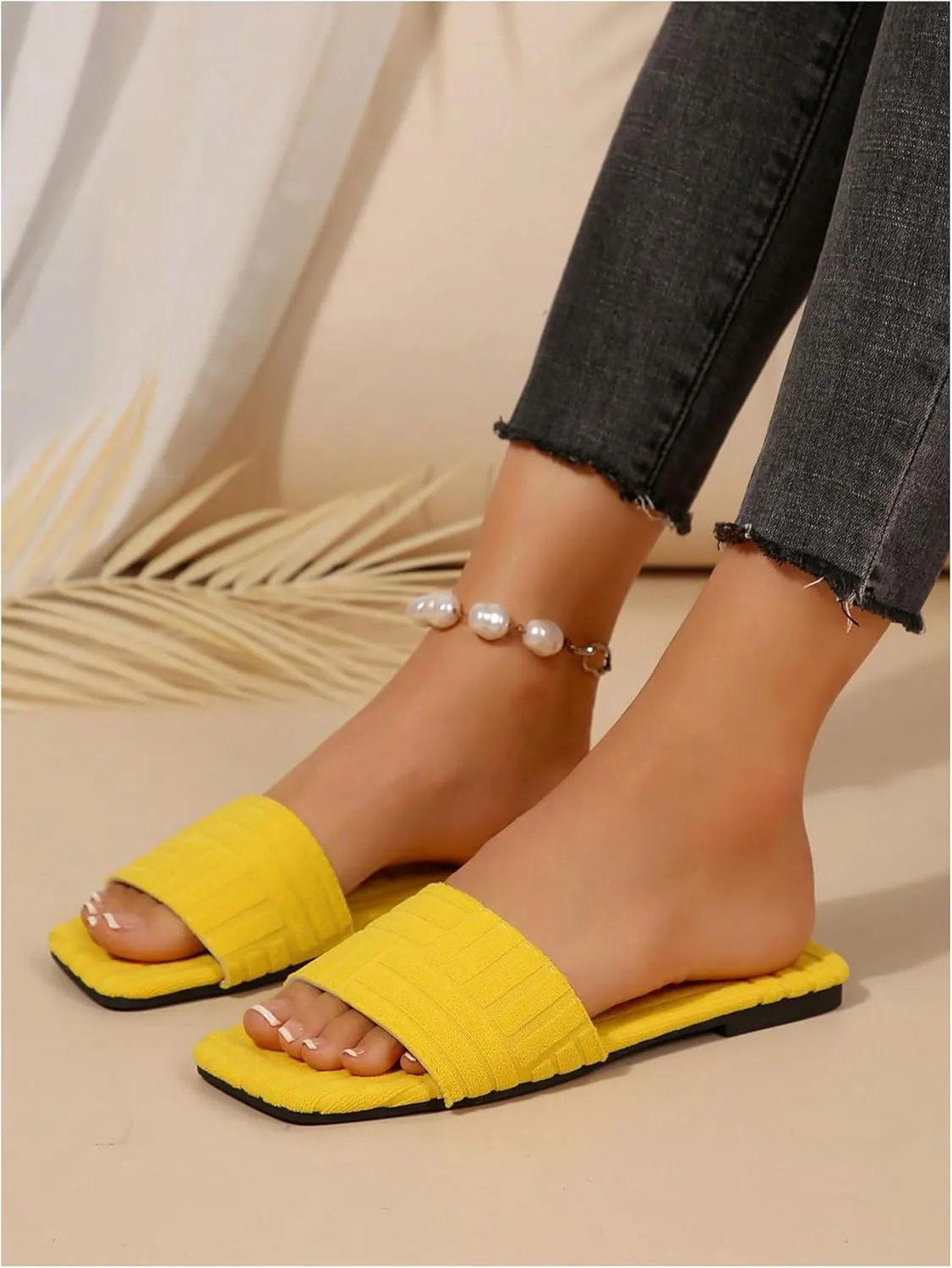 OYOANGLE Women's Textured Square Open Toe Slide Sandal Dressy Slip on Flat Sandals