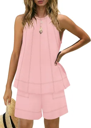 Panadila Womens Summer 2 Piece Sets Beach Vacation Outfits High Neck Tank Top and Shorts Set Resort Wear Matching Clothes