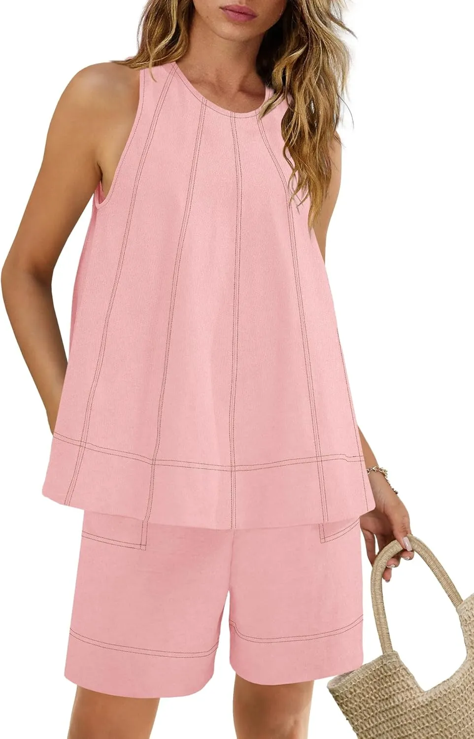 Panadila Womens Summer 2 Piece Sets Beach Vacation Outfits High Neck Tank Top and Shorts Set Resort Wear Matching Clothes