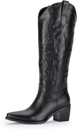 Pasuot Western Cowboy Boots for Women - Knee High Wide Calf Cowgirl Boots with Classic Embroidered, Slip On Pointed Toe Chunky Heel Fashion Retro Classic Pull On Tall Boot for Girls Ladies Fall Winter