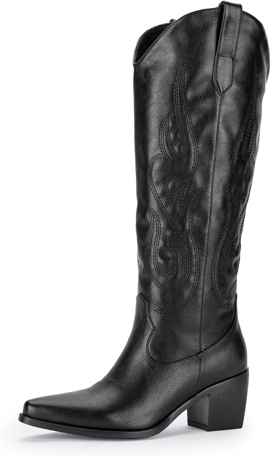 Pasuot Western Cowboy Boots for Women - Knee High Wide Calf Cowgirl Boots with Classic Embroidered, Slip On Pointed Toe Chunky Heel Fashion Retro Classic Pull On Tall Boot for Girls Ladies Fall Winter