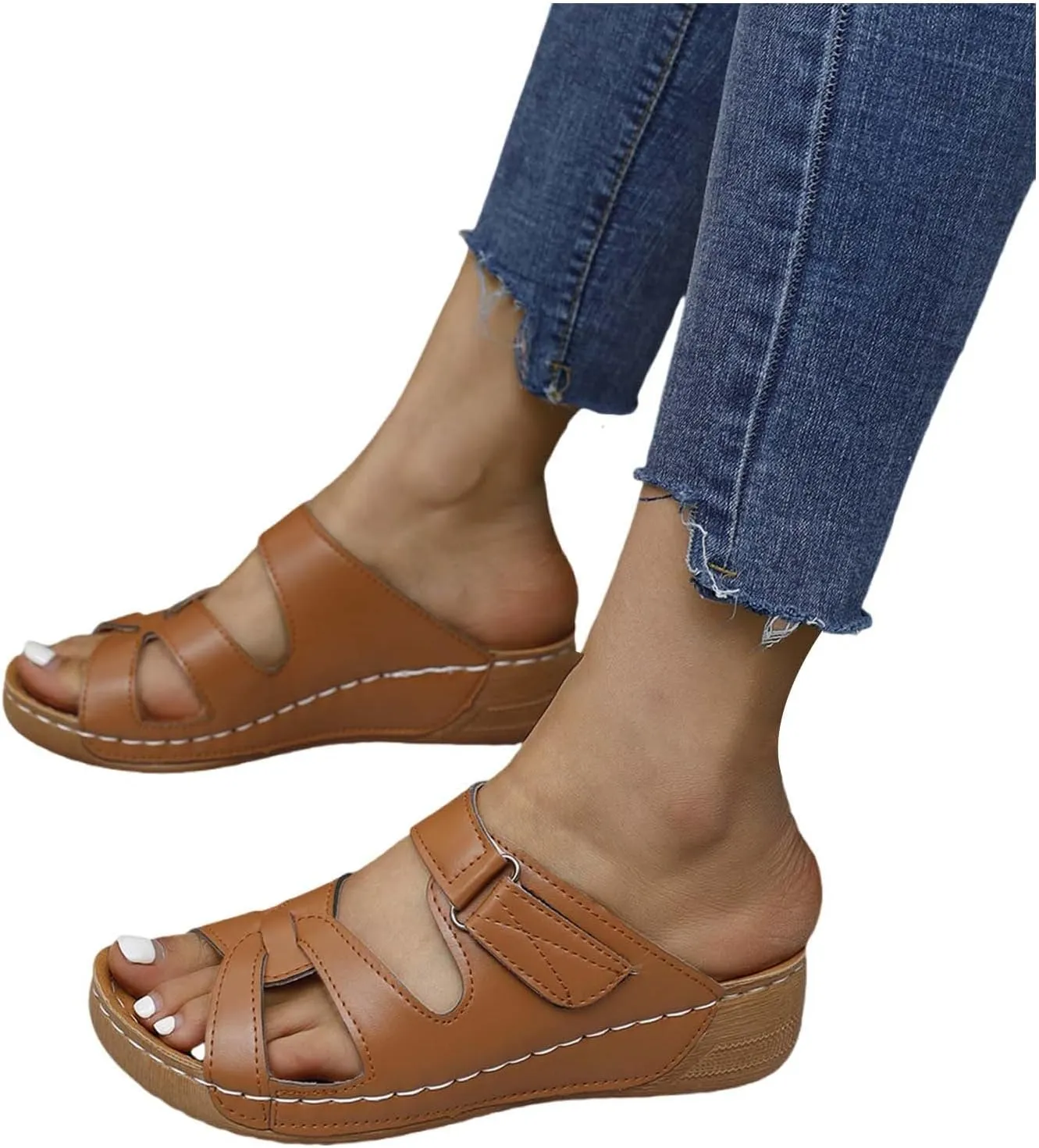 Peep Toe Wedges for Women Dressy Wide Width Orthopedic Wedge Sandals with Arch Support Walking Flip Flops