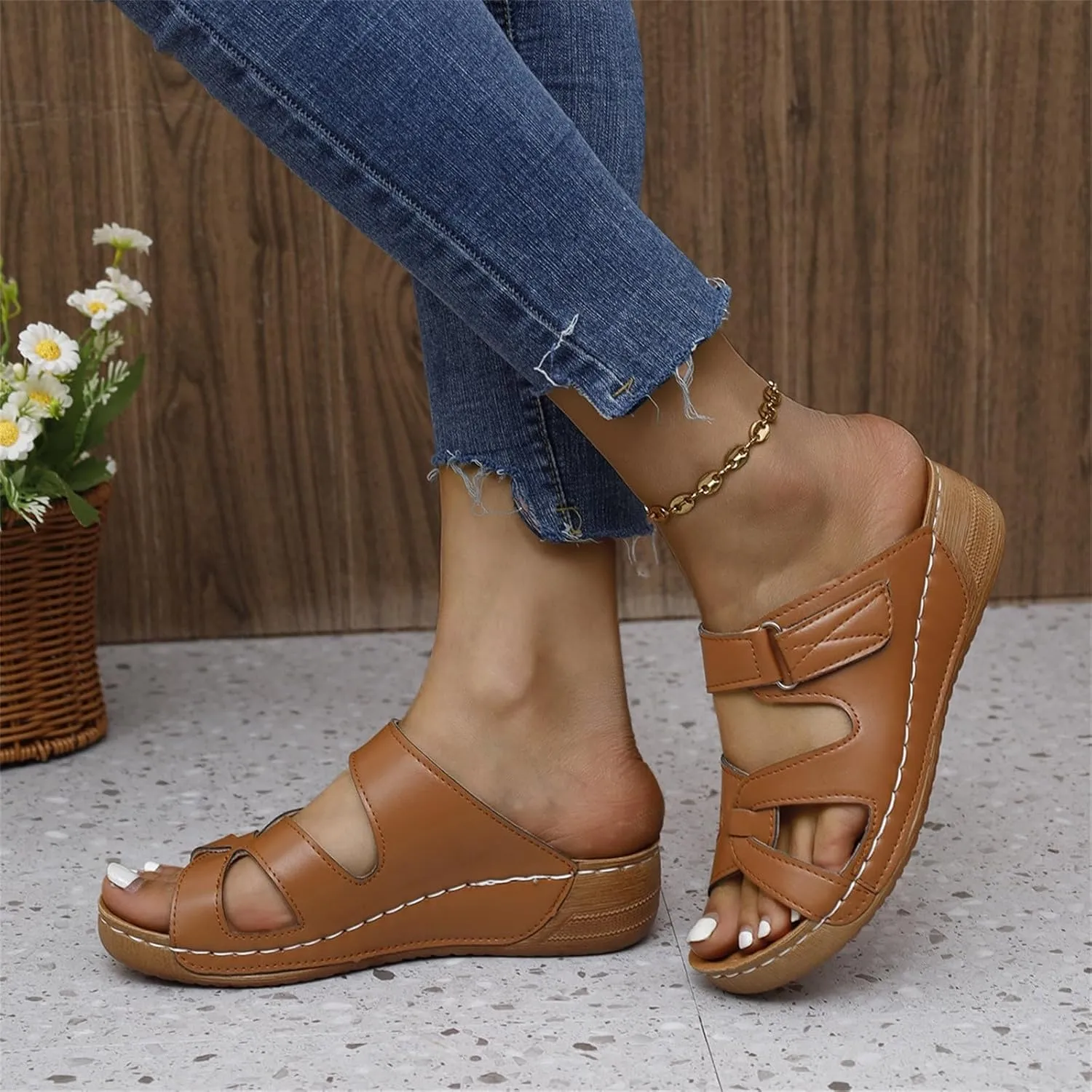 Peep Toe Wedges for Women Dressy Wide Width Orthopedic Wedge Sandals with Arch Support Walking Flip Flops