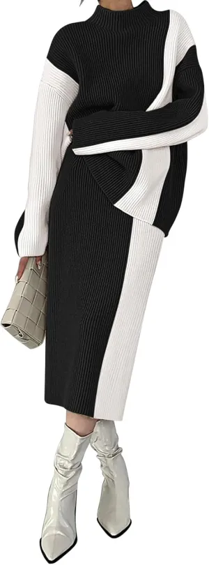 Pink Queen Women's 2 Piece Outfits 2024 Fall Winter Sweater Skirt Set Long Sleeve Oversized Top High Waist Color Block Dress