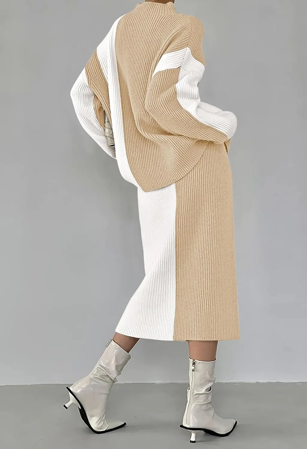 Pink Queen Women's 2 Piece Outfits 2024 Fall Winter Sweater Skirt Set Long Sleeve Oversized Top High Waist Color Block Dress