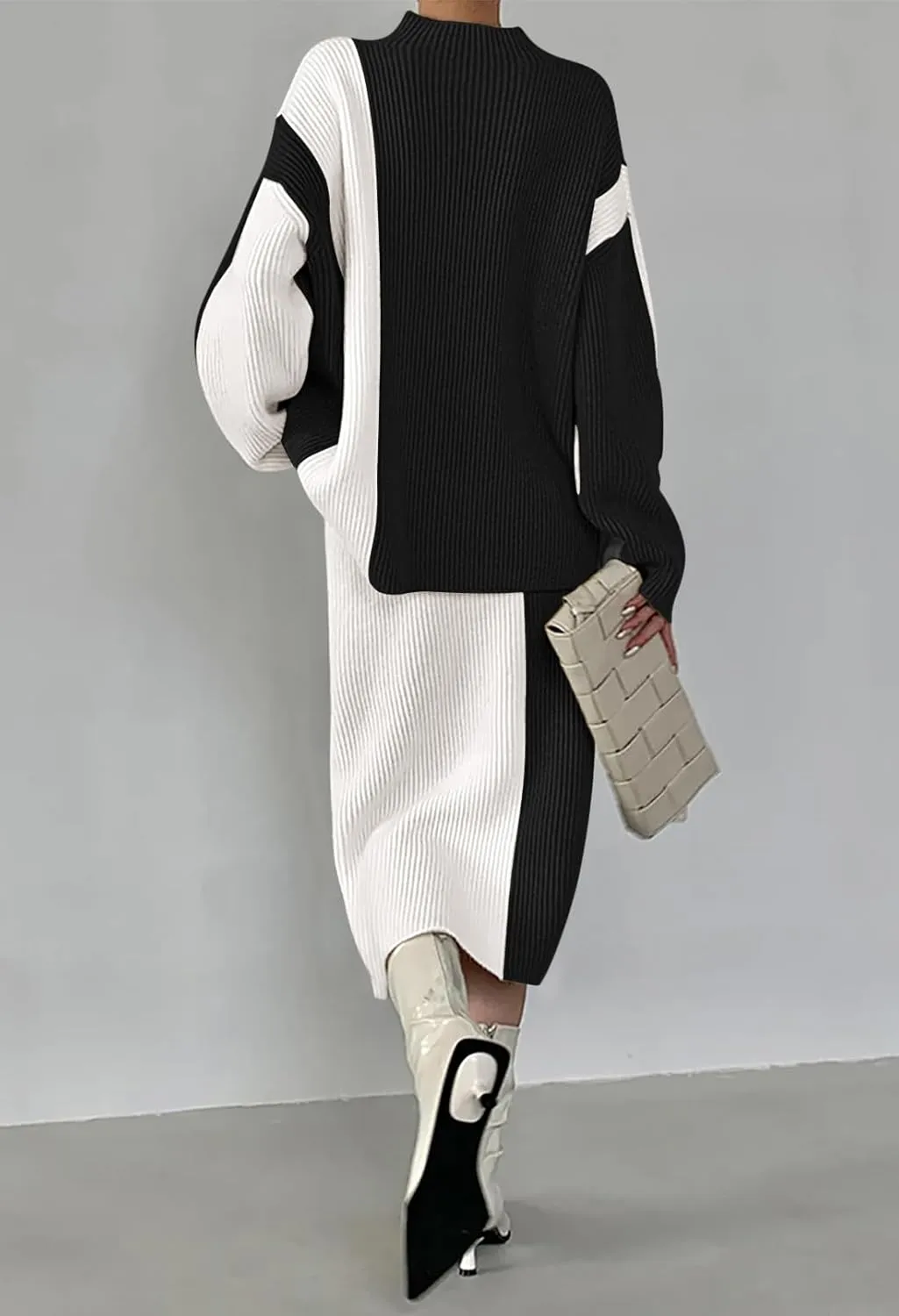 Pink Queen Women's 2 Piece Outfits 2024 Fall Winter Sweater Skirt Set Long Sleeve Oversized Top High Waist Color Block Dress