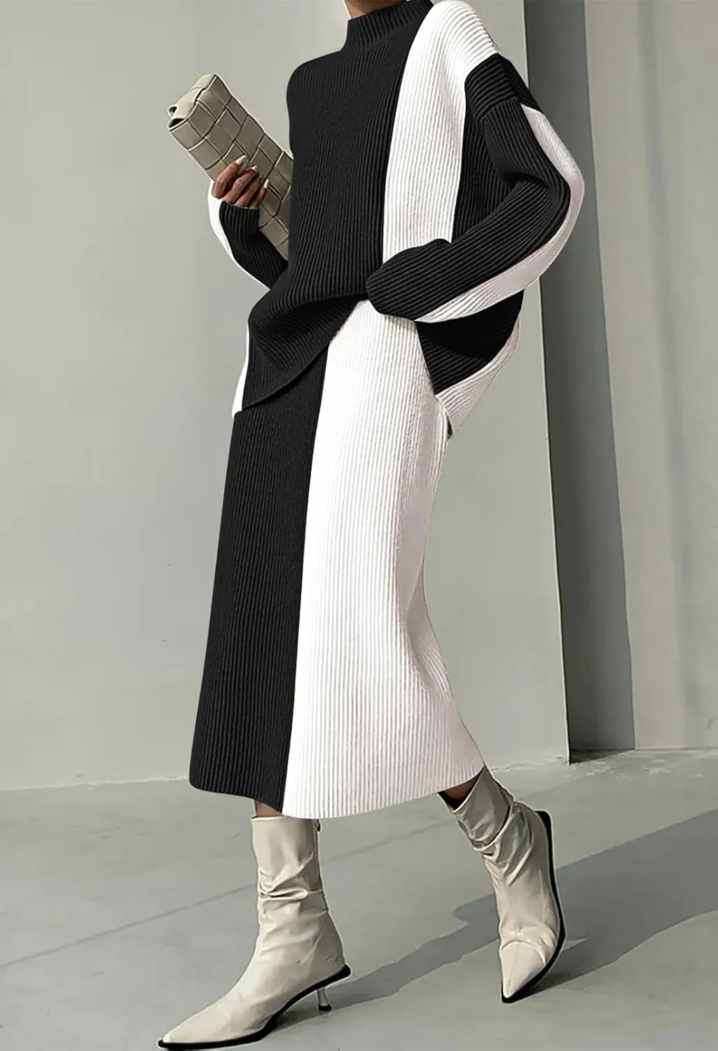 Pink Queen Women's 2 Piece Outfits 2024 Fall Winter Sweater Skirt Set Long Sleeve Oversized Top High Waist Color Block Dress